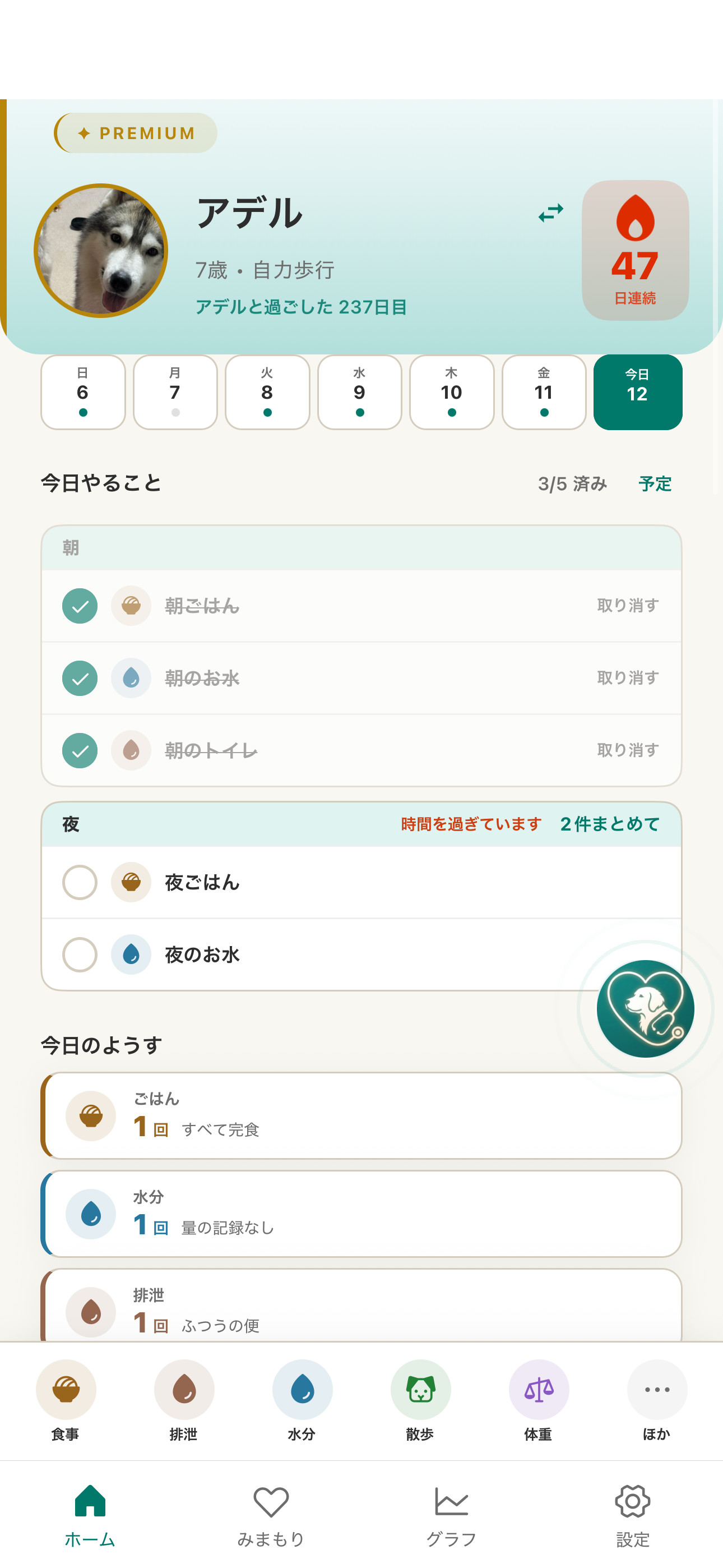 わんケアlogのホーム画面。今日のお世話と愛犬の記録