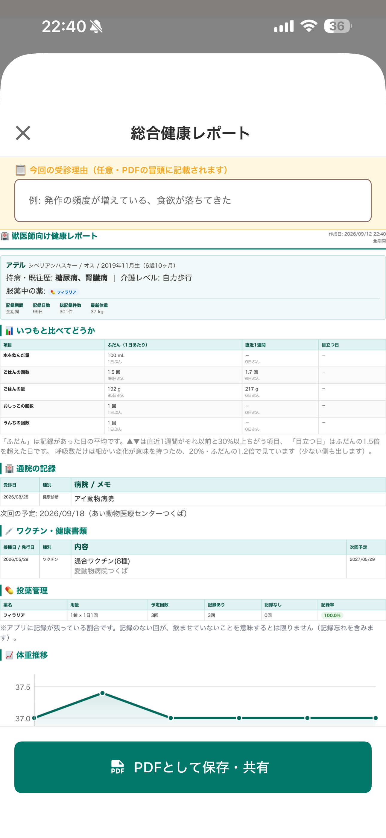 わんケアlogの総合健康レポートとPDF保存画面